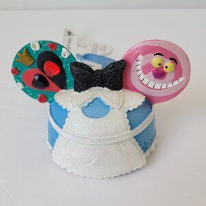 NWT Disney Parks Alice In Wonderland Ornament Mickey Mouse Ears Cheshire Cat